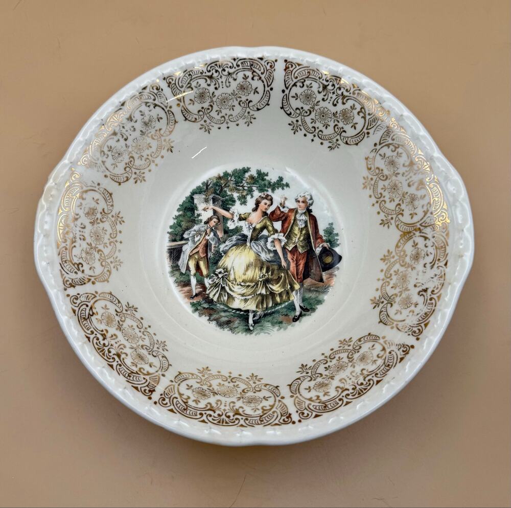 Vintage Cronin China 9” Serving Bowl Courting Couple Gold Trim